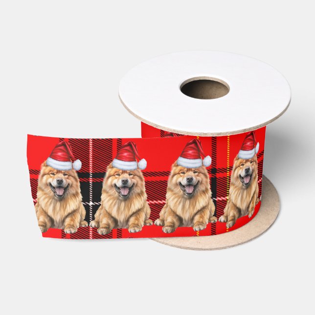 Weihnachts Chow Chow Dog Holiday Rot Kariert Satinband (Spule)