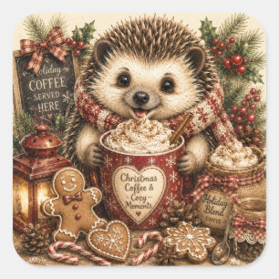 Weihnachts-Coffee-Igel Cozy Holiday Quadratischer Aufkleber
