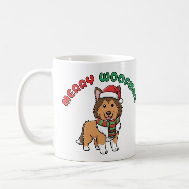 Weihnachts-Collie-Tasse: Frohe Woofmas Kaffeetasse (Links)