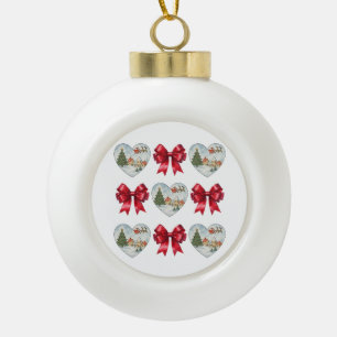 Weihnachts-Coquette-Herz-und-Schleifen-Muster Keramik Kugel-Ornament