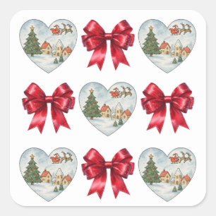 Weihnachts-Coquette-Herz-und-Schleifen-Muster Quadratischer Aufkleber