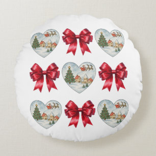 Weihnachts-Coquette-Herz-und-Schleifen-Muster Rundes Kissen