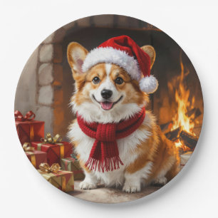 Weihnachts-Corgi-Hund am Kamin Pappteller