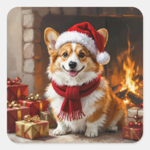Weihnachts-Corgi-Hund am Kamin Quadratischer Aufkleber