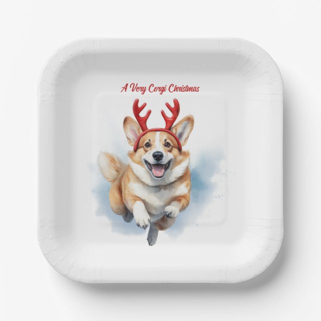 Weihnachts-Corgi mit Rentier-Antlers springen Pappteller (Vorderseite)
