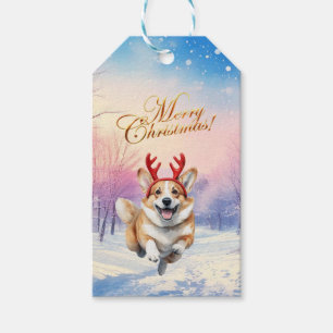 Weihnachts-Corgi-Rentierfischer springen im Schnee Geschenkanhänger