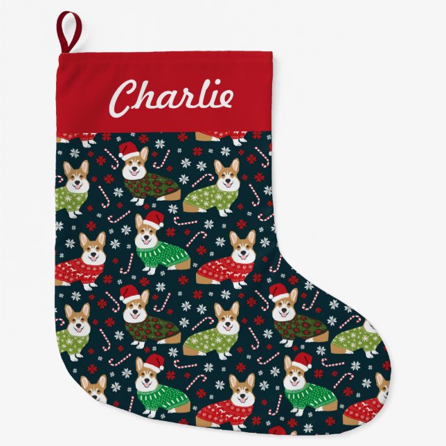 Weihnachts-Corgis-Strümpfe - personalisierter Hund Großer Weihnachtsstrumpf (Vorderseite)