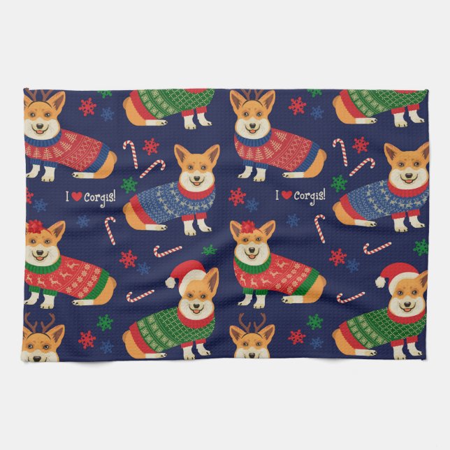 Weihnachts-Corgis: Vintage Illustration. Geschirrtuch (Horizontal)