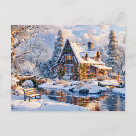 Weihnachts Cottage am schneebedeckten Fluss Postkarte