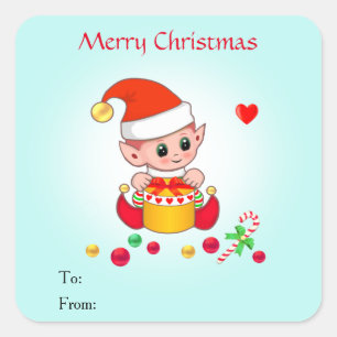 Weihnachts-Cute-Elf für Geschenke & Gefälligkeiten Quadratischer Aufkleber
