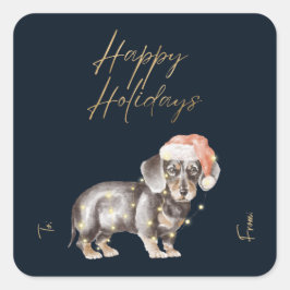 Weihnachts-Dackel Dog Santas Hat Imitate Gold Foil Quadratischer Aufkleber