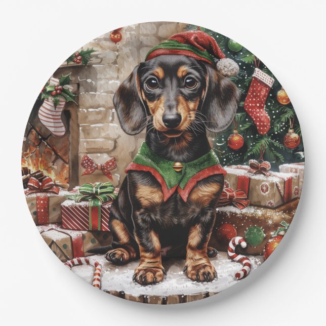Weihnachts-Dackel Hogs Elf Pappteller (Vorderseite)
