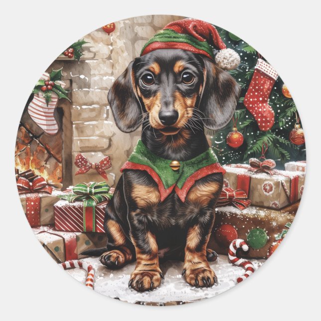 Weihnachts-Dackel Hogs Elf Runder Aufkleber (Vorderseite)