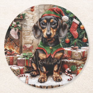 Weihnachts-Dackel Hogs Elf Runder Pappuntersetzer