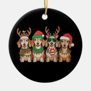 Weihnachts-Dackel-Hund-Xmas-Lichter-Santa-Hut Keramik Ornament