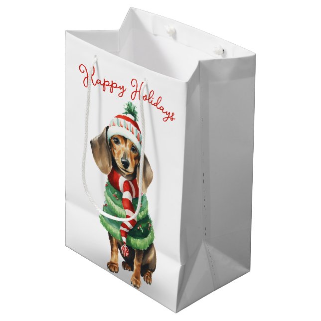 Weihnachts-Dackel in einem Scarde Mittlere Geschenktüte (Vorderseite Schrägansicht)