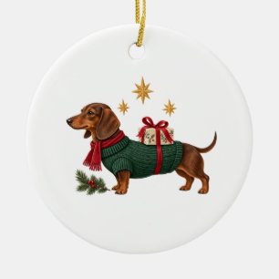 Weihnachts-Dackel in grünem Pullover und rotem Sch Keramik Ornament