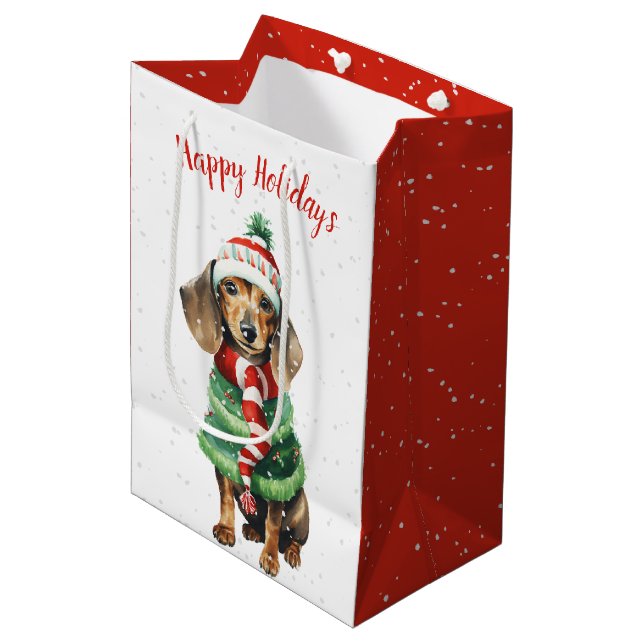 Weihnachts-Dackel in Schneeflocken Mittlere Geschenktüte (Vorderseite Schrägansicht)