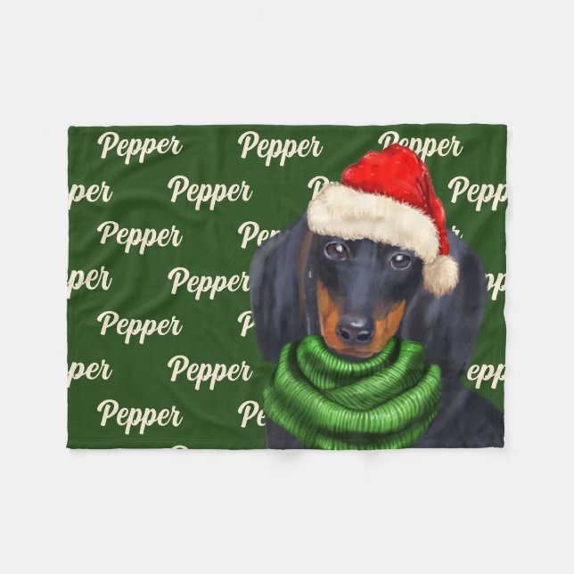 Weihnachts-Dackel mit dem Namen des Hundes Fleecedecke (Vorderseite (Horizontal))