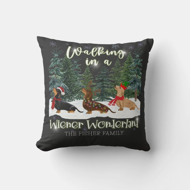 Weihnachts-Dackel Wandern in einer Dackel Wunderla Kissen (Vorderseite)