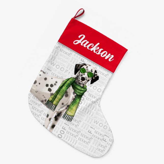 Weihnachts-Dalmatiner mit dem Namen des Hundes Großer Weihnachtsstrumpf (Vorderansicht (hängend))