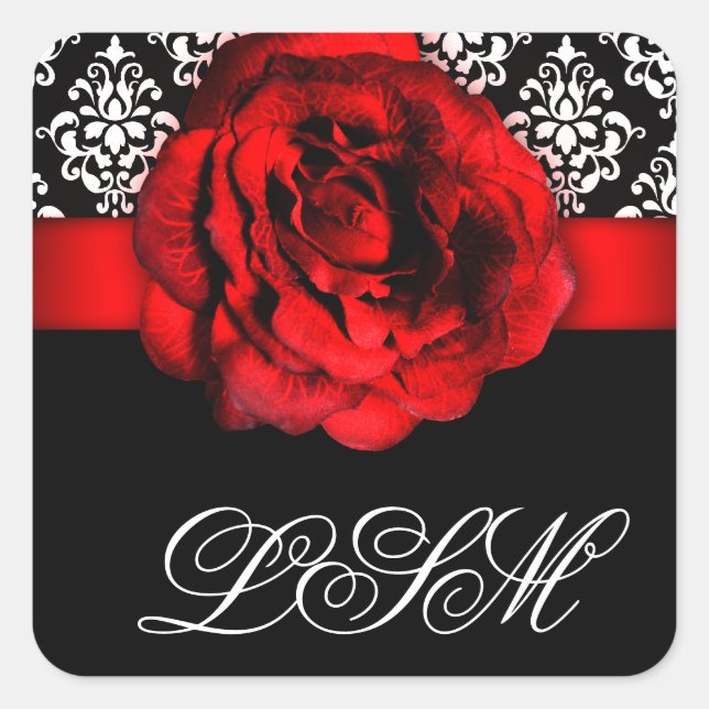 Weihnachts-Damask-Hochzeitsmonographie-Rote Rose Quadratischer Aufkleber (Vorderseite)