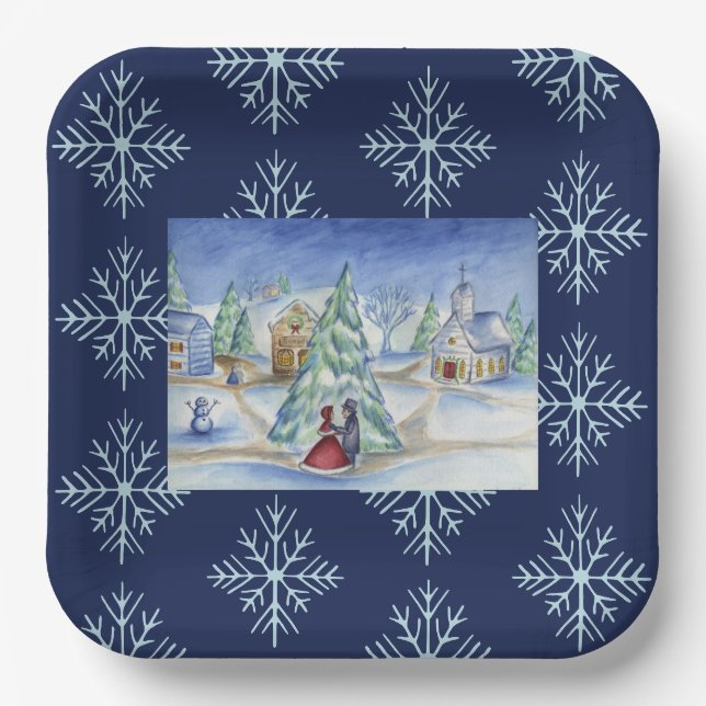 Weihnachts-Dinner Weihnachts-Village Papier Teller (Vorderseite)
