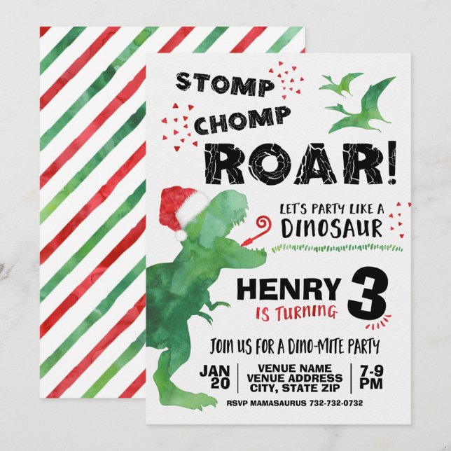 Weihnachts-Dinosaurier Geburtstagseinladung Einladung (Vorne/Hinten)