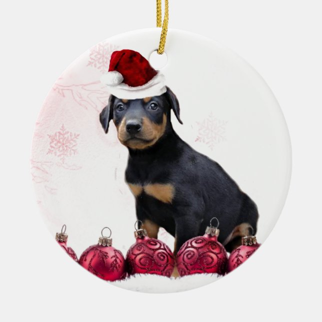 Weihnachts Doberman Welpe rund Keramik Ornament (Vorne)