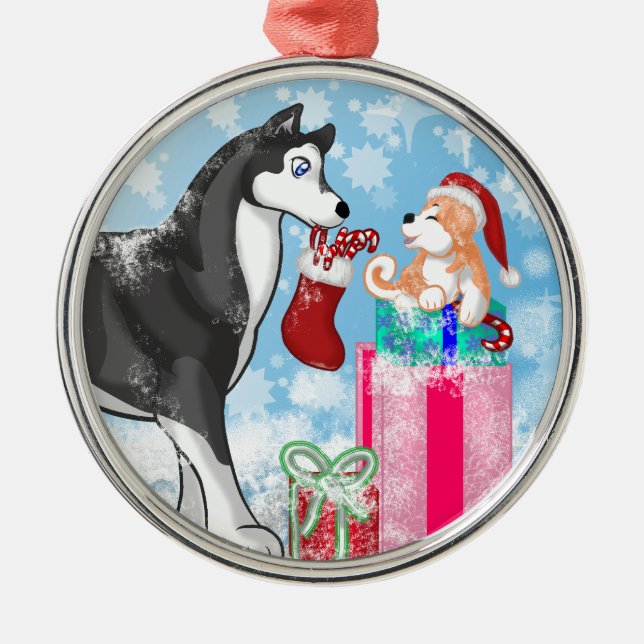 Weihnachts-Doggies! Silbernes Ornament (Vorne)