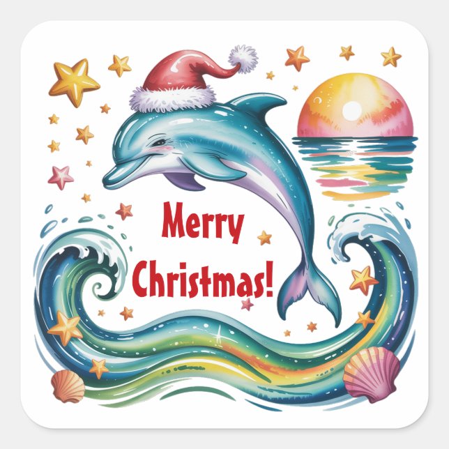 Weihnachts-Dolphin im Paradies Quadratischer Aufkleber (Vorderseite)