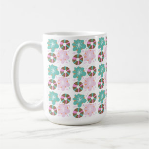 Weihnachts-Donuts mit Frosting und rosa Doodles Kaffeetasse
