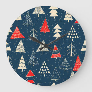 Weihnachts-Doodle-Bäume, nahtloses Wintermuster. Große Wanduhr
