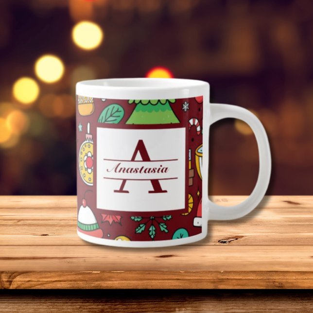 Weihnachts-Doodles-Monogramm Jumbo-Tasse (Festive Christmas Doodles Monogram Giant Coffee Mug)