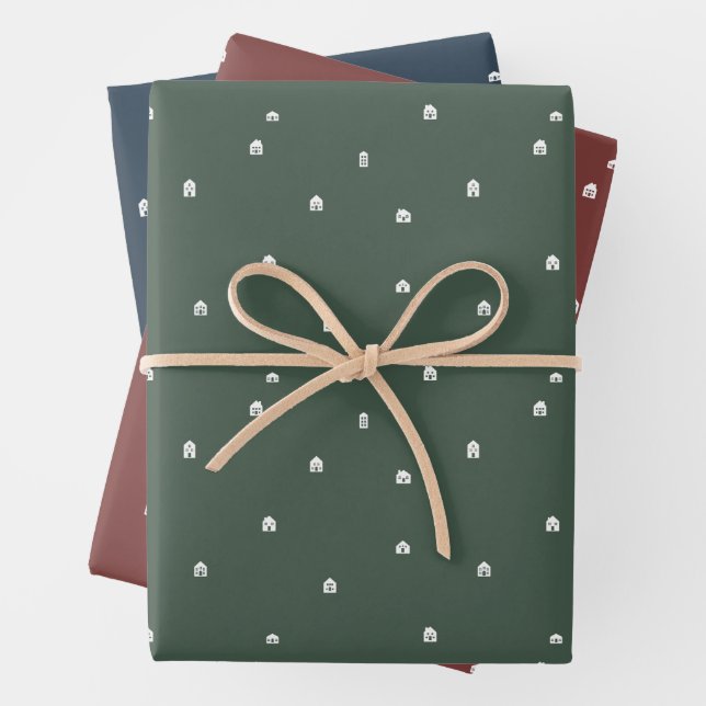 Weihnachts-Dorf niedliche drei farbige Ferien Geschenkpapier Set (Beispiel)