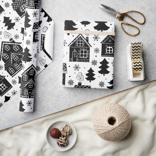Weihnachts-Dorfhaus im Schwarzen Baum Kunst Geschenkpapier (Handwerk)
