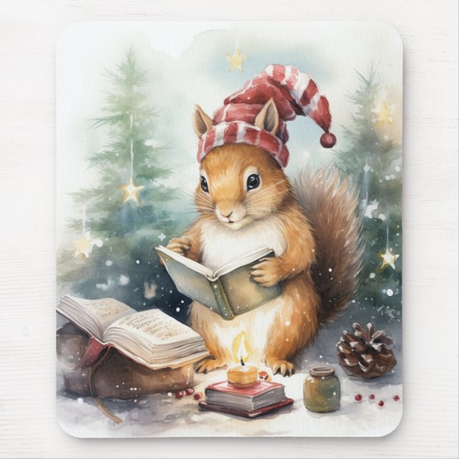 Weihnachts-Eichhörnchen beim Lesen Mousepad (Vorne)