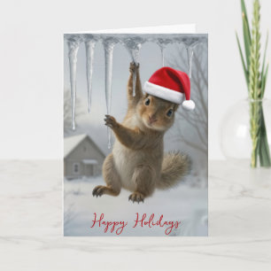 Weihnachts-Eichhörnchen hängt an einem Eiszapfen Karte
