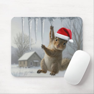 Weihnachts-Eichhörnchen hängt an einem Eiszapfen Mousepad