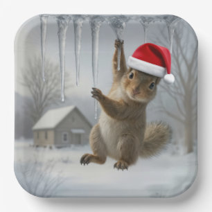 Weihnachts-Eichhörnchen hängt an einem Eiszapfen Pappteller