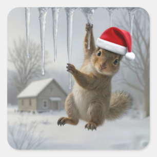 Weihnachts-Eichhörnchen hängt an einem Eiszapfen Quadratischer Aufkleber