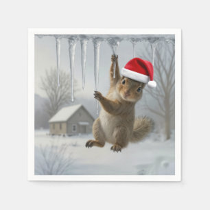 Weihnachts-Eichhörnchen hängt an einem Eiszapfen Serviette
