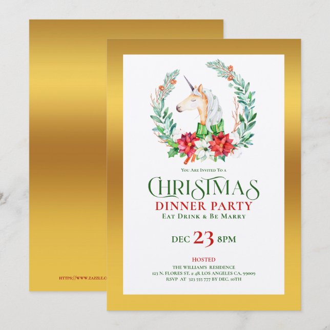 Weihnachts Einhorn Gold Akzent Abendessen Party ei Einladung (Vorne/Hinten)