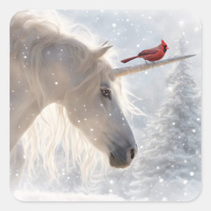 Weihnachts-Einhorn-Kardinal-Schnee Quadratischer Aufkleber