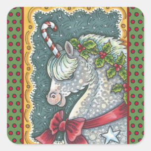 WEIHNACHTS-EINHORN MIT ZUCKERSTANGE, PFERD PONY ST QUADRATISCHER AUFKLEBER