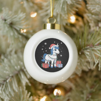 Weihnachts-Einhorn-Santa-Hut-Lichter Schnee Xmas Keramik Kugel-Ornament