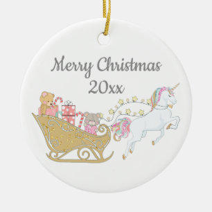 Weihnachts-Einhorn Schlitten von Santa Claus weiß Keramik Ornament