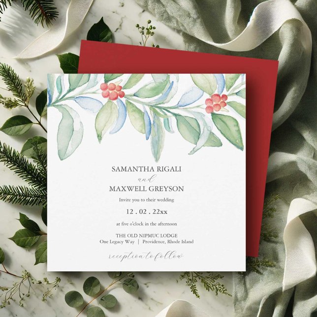 Weihnachts-Einladung Wasserfarbenwelt Einladung (Christmas wedding invitations elegant botanical watercolor art  Victoria Grigaliunas DoTellABelle)