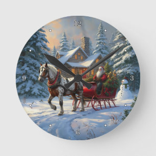 Weihnachts-Einpänner-Schlitten-Santa Runde Wanduhr