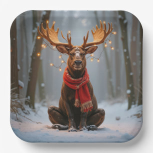 Weihnachts-Elch mit Schal und Lichtern Pappteller